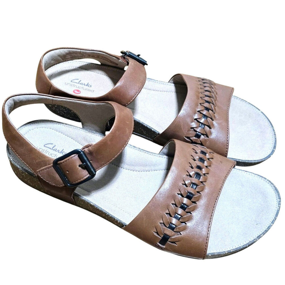 Clarks Unstructured Un Perri Way Flat Sandals Dark Tan Leather Women's Size 9
